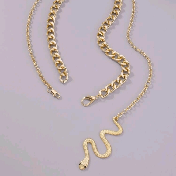 GOLD TWO PIECE SNAKE NECKLACE SET CHAINS MEDUSA SEXY LUXURY ECLECTIC RICH FAB - Picture 2 of 4